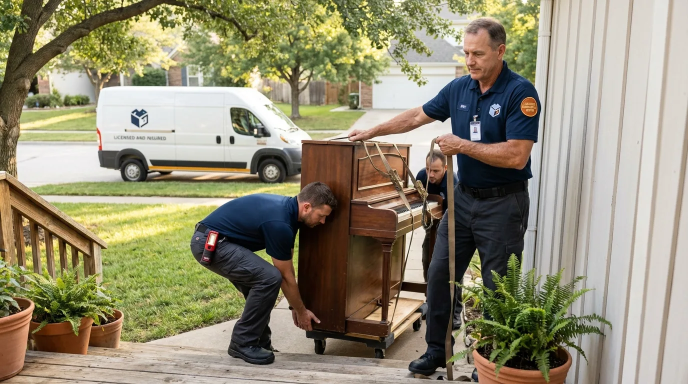 Licensed piano movers securing grand piano in Millers Falls, MA