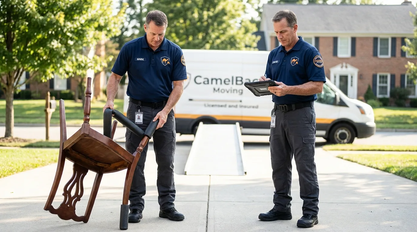Movers inspecting furniture for damage prevention before loading in Millers Falls, MA