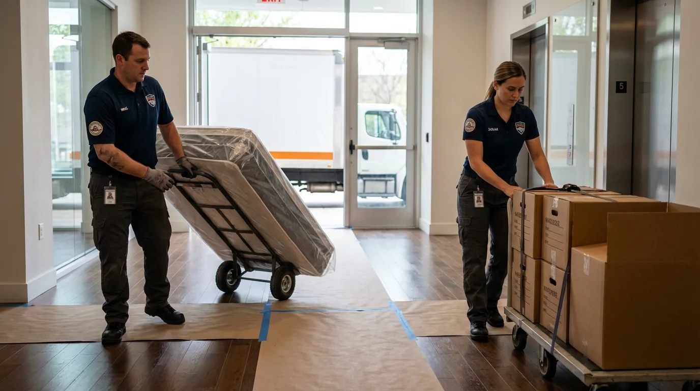 Professional apartment movers loading elevator in Millers Falls, MA