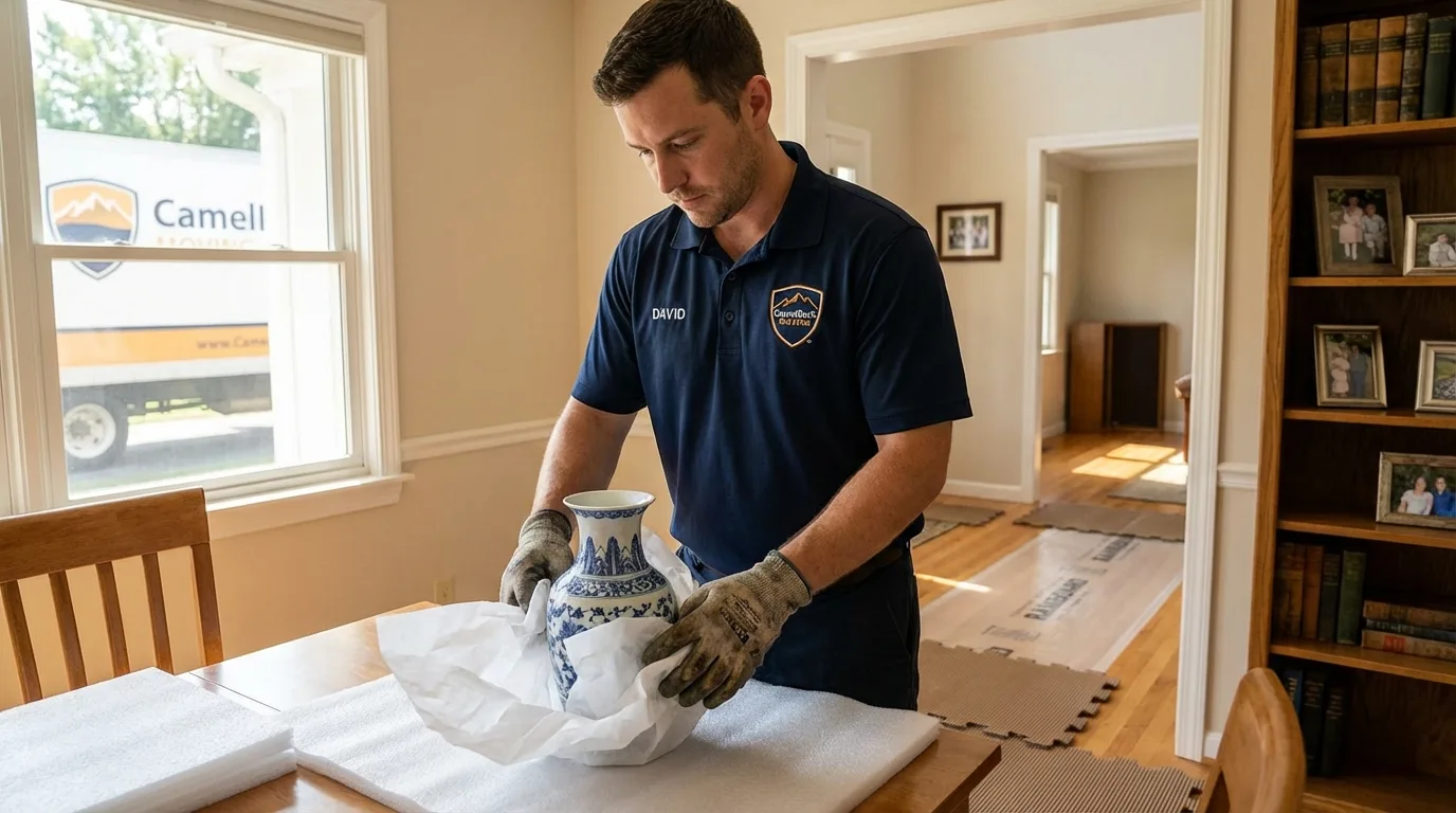 Professional crew carefully wrapping antique vase for senior downsizing move in Millers Falls, MA