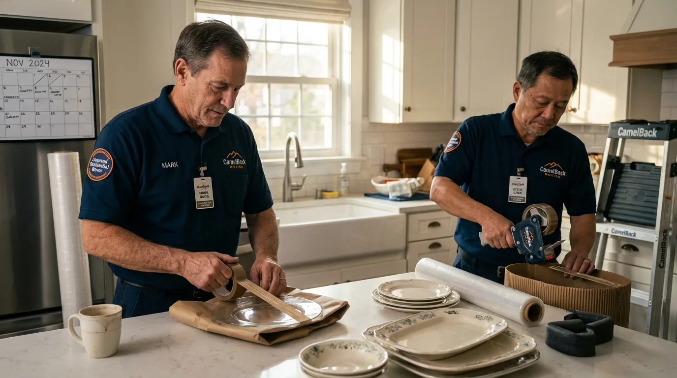 Professional crew packing kitchen dishware in Millers Falls, MA